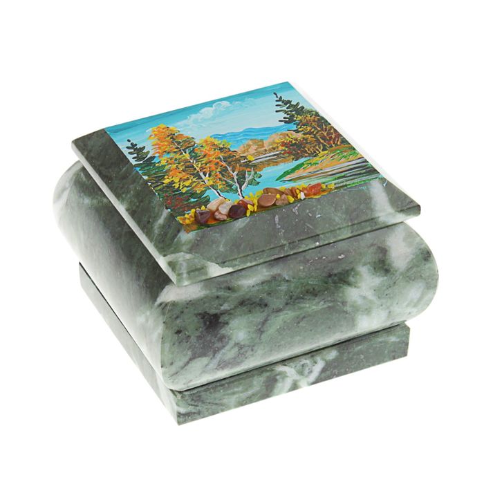 Шкатулка из змеевика "Осень" 8х8х6,5 см с флоком внутри, с рисунком акриловыми красками