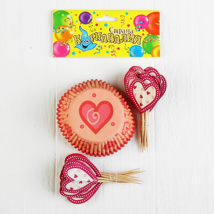 Украшение для кексов "Сердечки" с горошком, набор 24 пики, 24 формочки