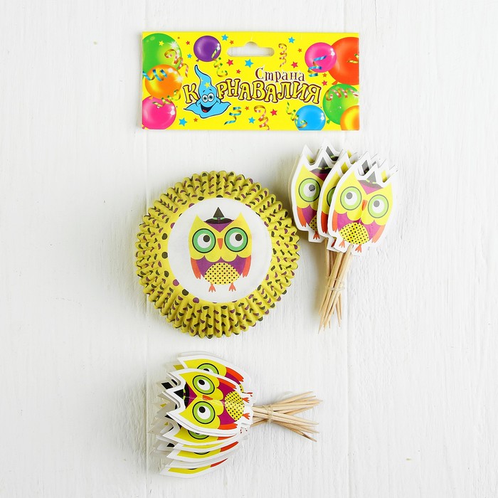 Украшение для кексов "Сова", набор 24 пики, 24 формочки