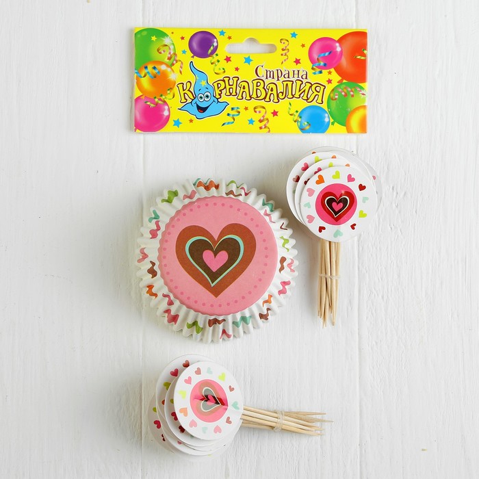 Украшение для кексов "Большое сердце", набор 24 пики, 24 формочки