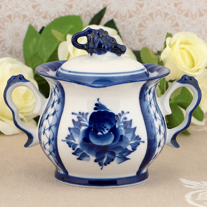 Сахарница с ручками «Голубика», гжель, фарфор, 2 сорт