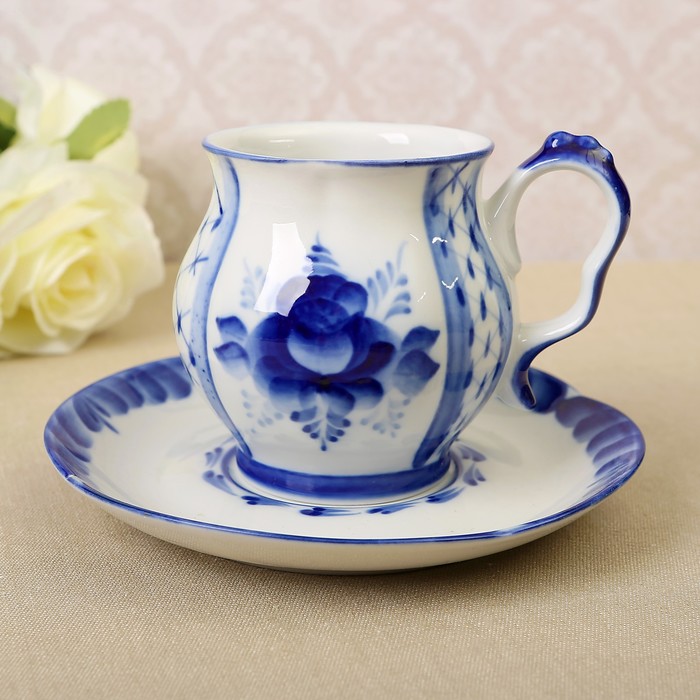 Чайная пара «Весенняя», гжель, кобальт, 2 сорт