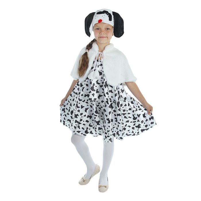 Карнавальный костюм "Далматинец", шапка, сарафан 2-ярусный, меховая пелерина, р-р 64