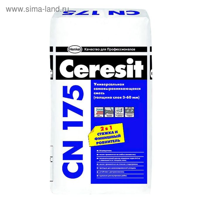 Универсальная самовыравнивающаяся смесь Ceresit CN 175 (2 в 1: стяжка + финиш) (толщина слоя 3-60 мм), 25 кг