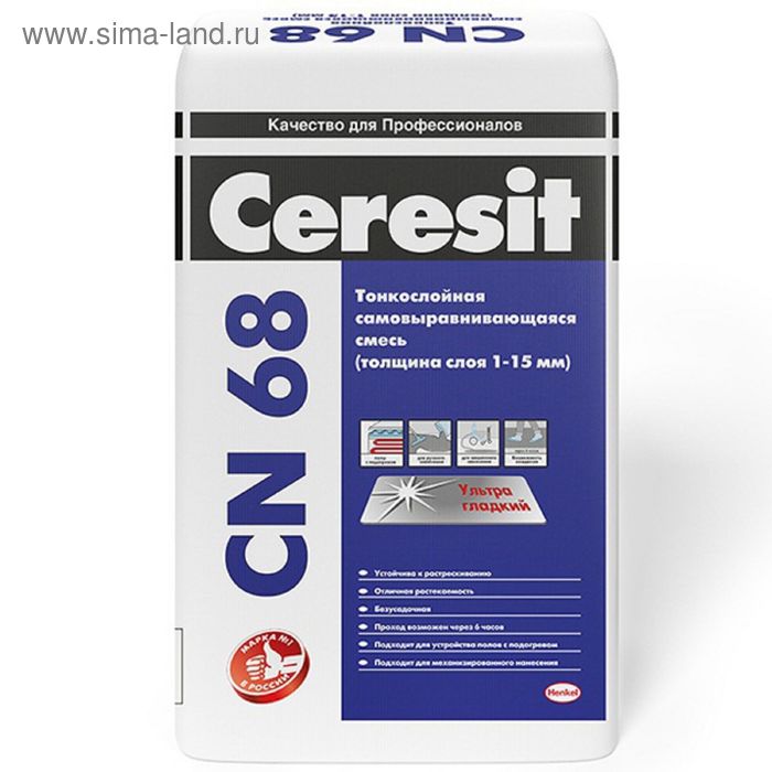 Тонкослойная самовыравнивающаяся смесь Ceresit CN 68 (толщина 1-15 мм), 25 кг самовыравниватель для пола ceresit cn 68 25 кг 1 15 мм арт 1668617