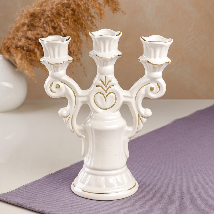 Подсвечник "Тройник" белая глазурь, с золотом