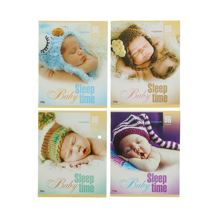 Тетрадь 96 листов клетка "Спящие малыши", обложка картон хромэрзац, 4 вида МИКС