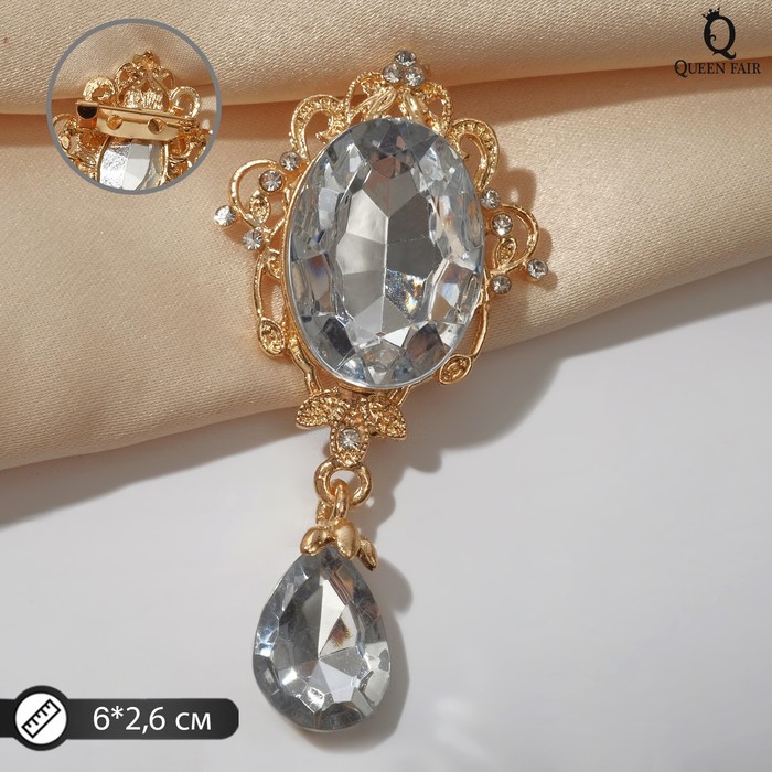 Брошь "Овал" с каплей, цвет серый в золоте