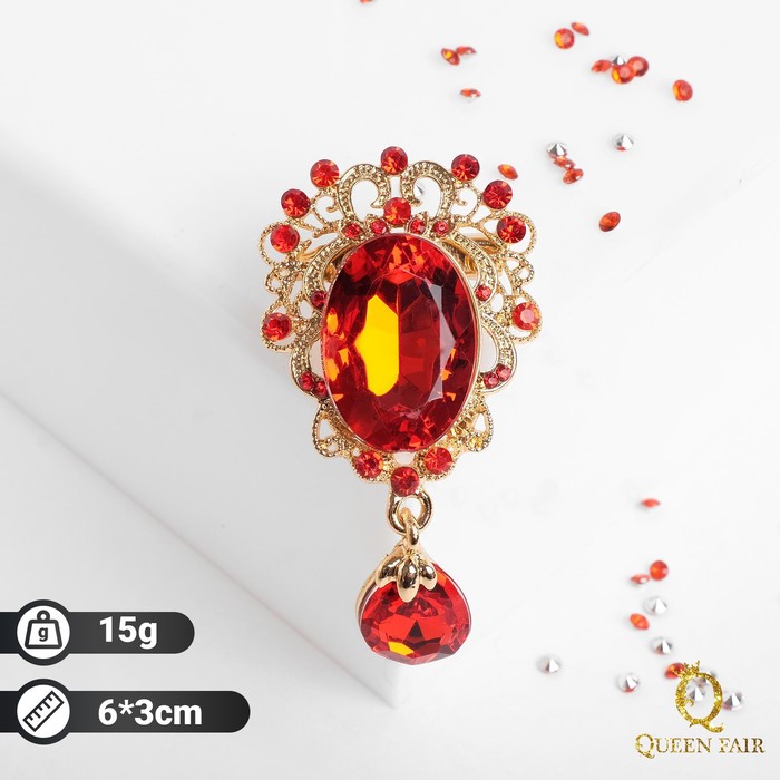 Брошь "Овал" с каплей, цвет красный в золоте