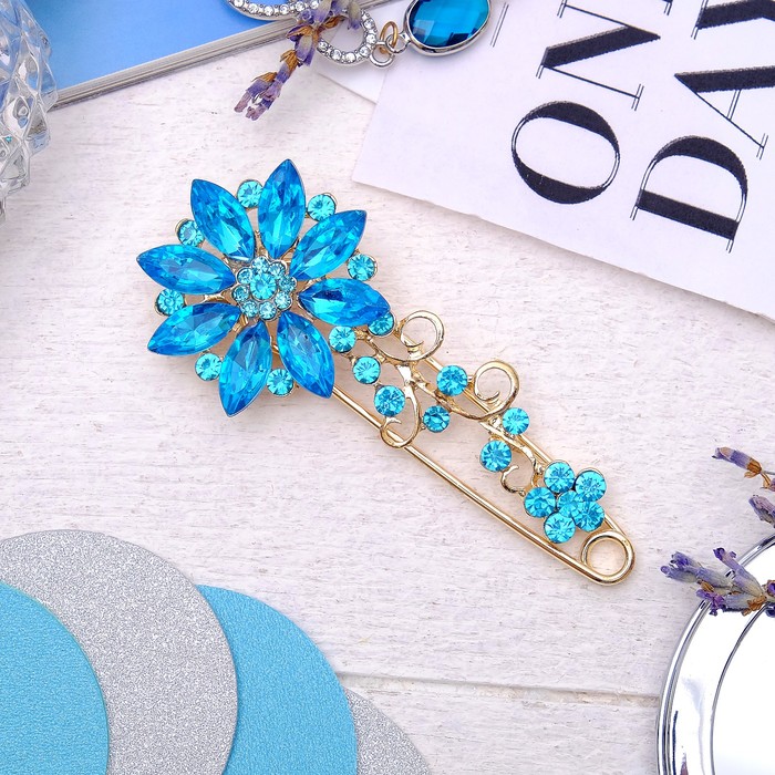 Булавка "Цветок" летний, 8,5 см, цвет голубой в золоте