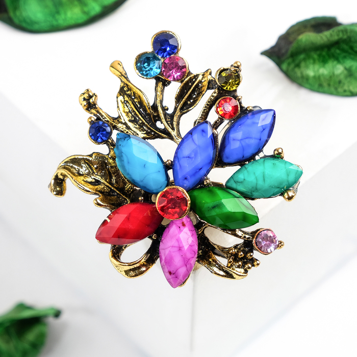 Брошь "Цветок" на ветви, цвет МИКС в чернёном золоте