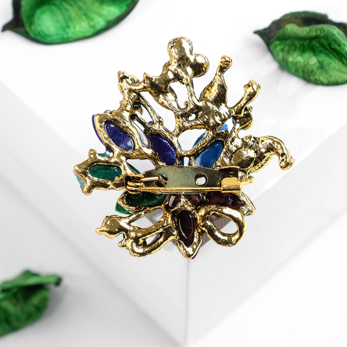 Брошь "Цветок" на ветви, цвет МИКС в чернёном золоте