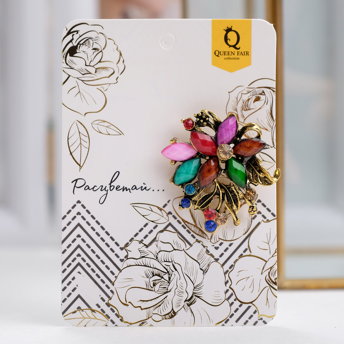 Брошь "Цветок" на ветви, цвет МИКС в чернёном золоте