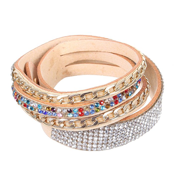 Браслет кожа "Дискотека" коса, цветной в бежевом