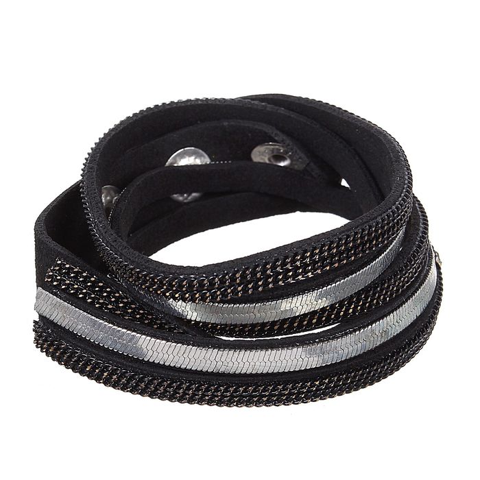 Браслет кожа "Блеск ночи", цвет чёрно-серебряный