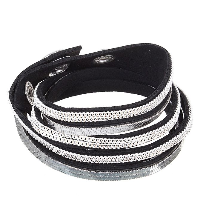 Браслет кожа "Блеск ночи", цвет серебряно-чёрный