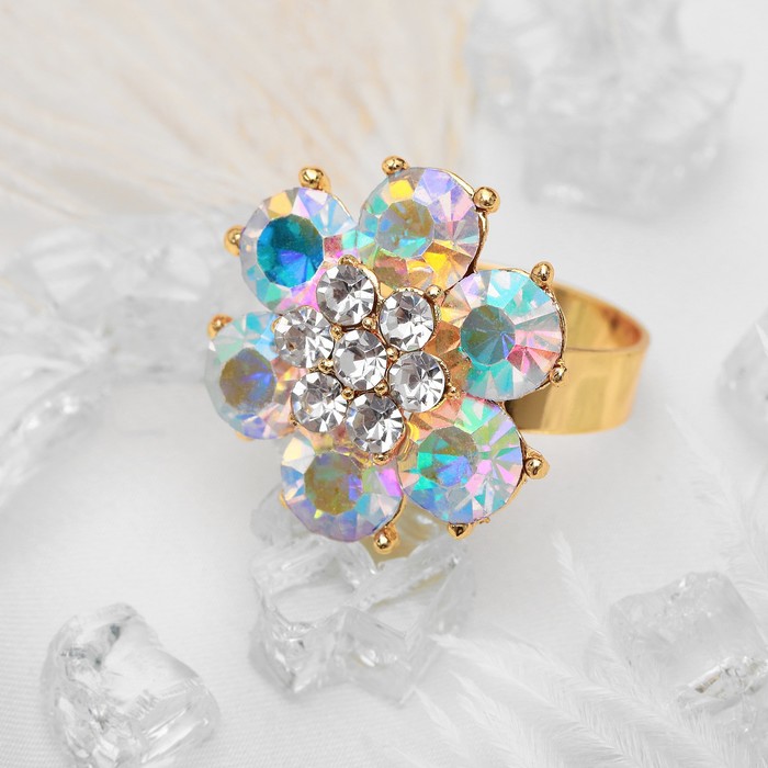Кольцо "Цветочек", цвет бело-радужный в золоте, безразмерное