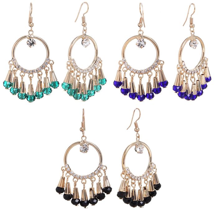 Серьги висячие со стразами "1000 и 1 ночь" круг малый, цвет МИКС