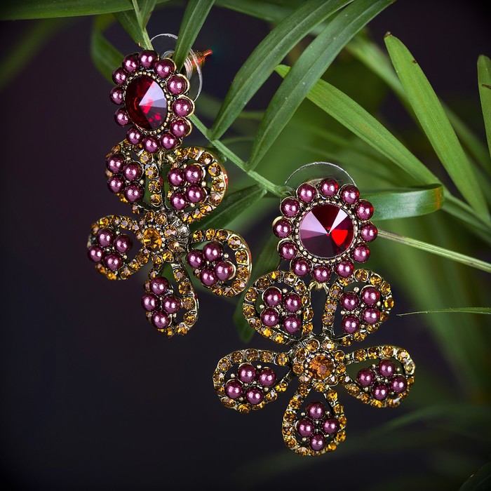 Серьги с жемчугом "Цветы ромашки", цвет янтарно-розовый