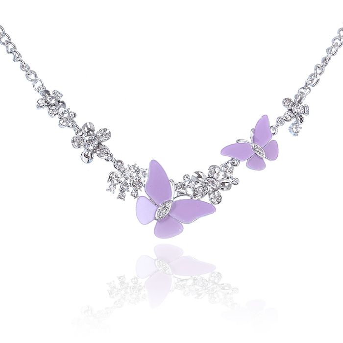 Колье "Цветущий сад" бабочки, цвет сиреневый в серебре