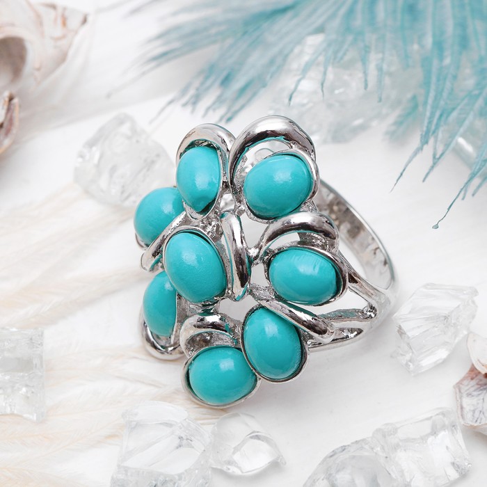 Кольцо "Цветок" пион, цвет бирюзовый в серебре, размер 17,18,19 микс