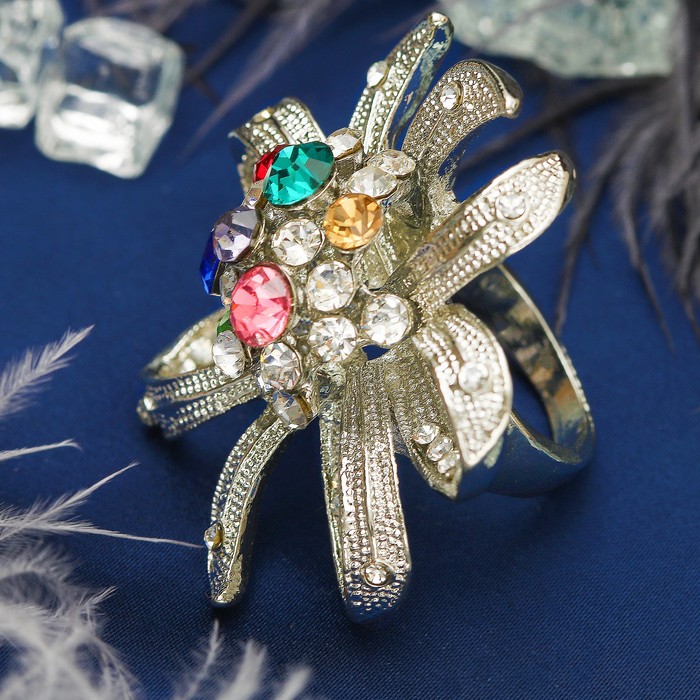 Кольцо "Роскошь королевы" цветок, цветное в серебре, размер 17,18,19 микс