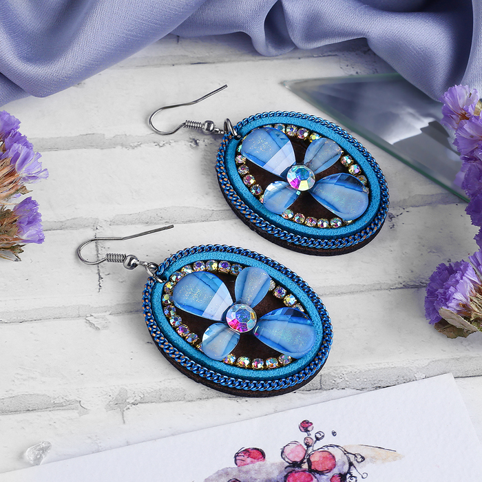 Серьги винтаж "Роскошь" овал с цветком, цвет голубой в серебре