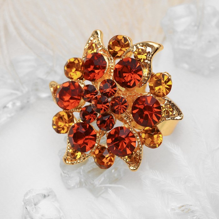 Кольцо "Цветок" райский, цвет янтарный в золоте, безразмерное