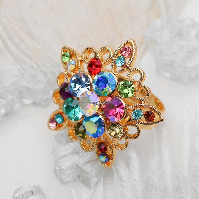 Кольцо "Цветок" пятилистник ромашка, цветное в золоте, безразмерное