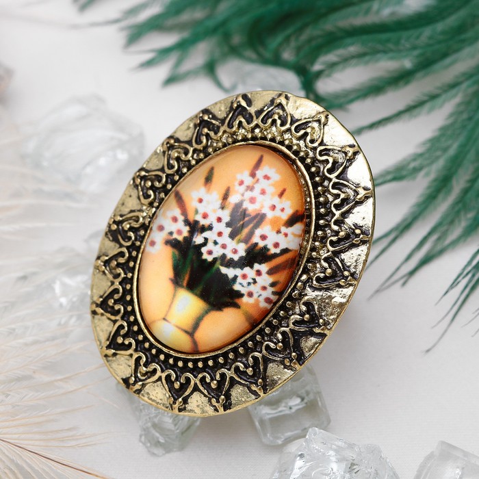 Кольцо с рисунком "Букет в вазе" цветное в чернёном золоте, безразмерное