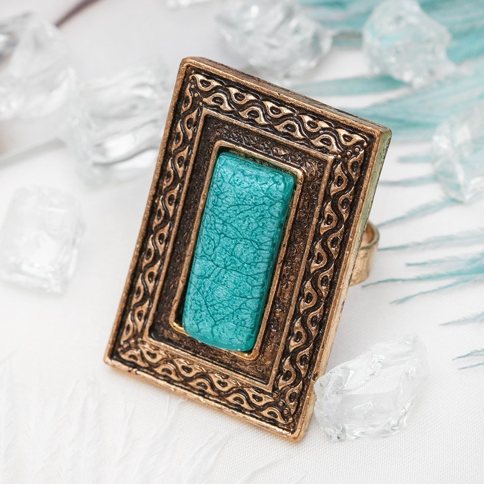 Кольцо "Афродита" прямоугольник, цвет голубой в чернёном золоте, безразмерное