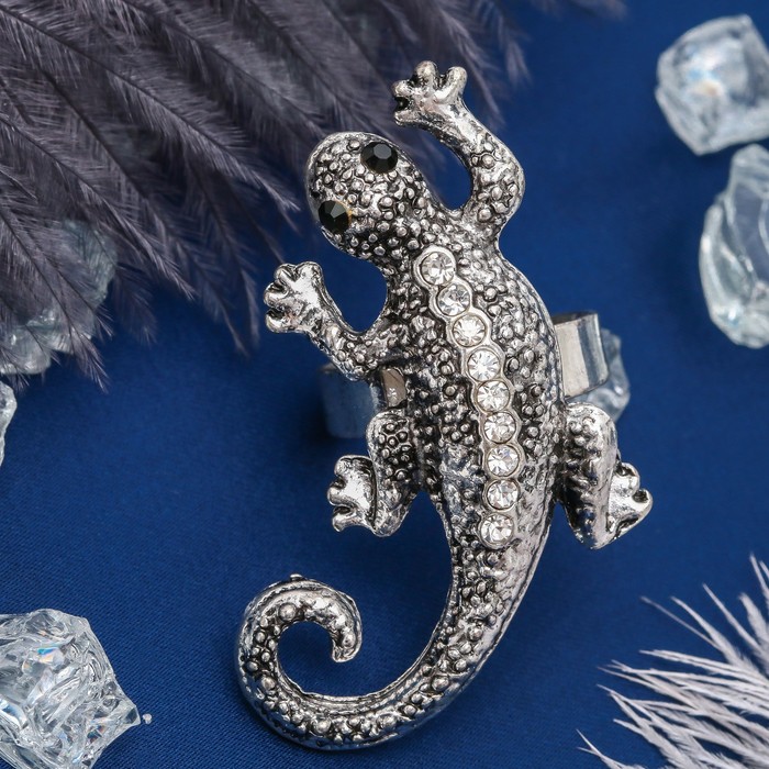 Кольцо "Ящерка", цвет белый в чернёном серебре, безразмерное