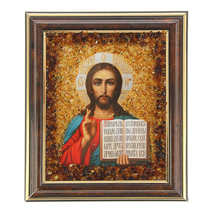 Картина «Икона Иисус Христос», янтарь, 11х14 см, багет