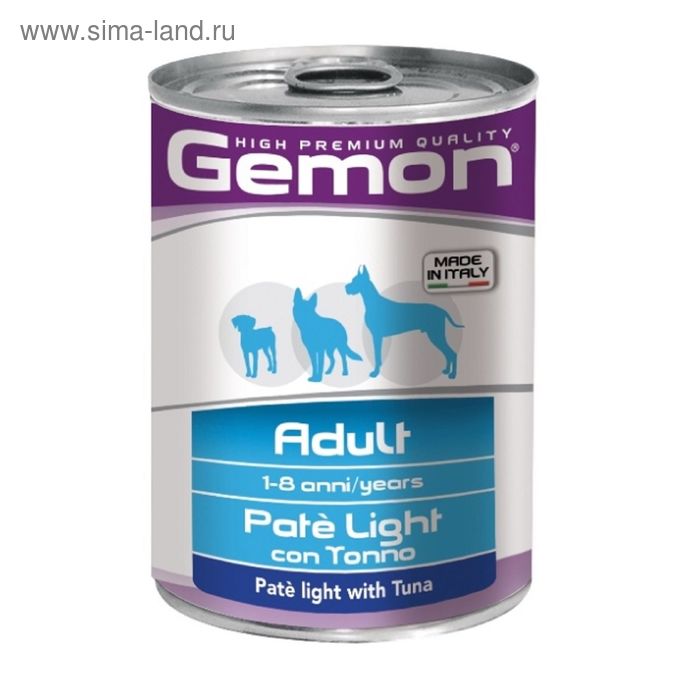 Влажный корм Gemon Dog Light для собак, облегченный паштет, тунец, ж/б, 400 г
