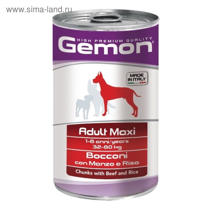 Влажный корм Gemon Dog Maxi для собак крупных пород, кусочки говядины с рисом, ж/б, 1250 г