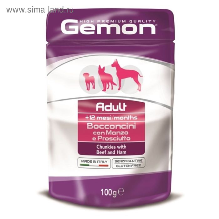 

Влажный корм Gemon Dog Pouch для собак, кусочки говядины с ветчиной, пауч, 100 г
