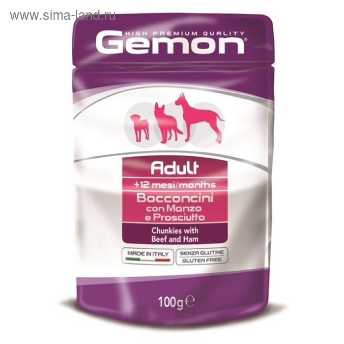 Влажный корм Gemon Dog Pouch для собак, кусочки говядины с ветчиной, пауч, 100 г