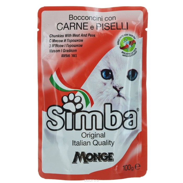 Влажный корм Simba Cat Pouch для кошек, мясо с горохом, пауч, 100 г