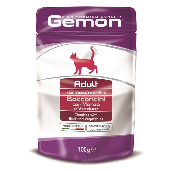Влажный корм Gemon Cat Pouch для кошек, кусочки говядины с овощами, пауч, 100 г