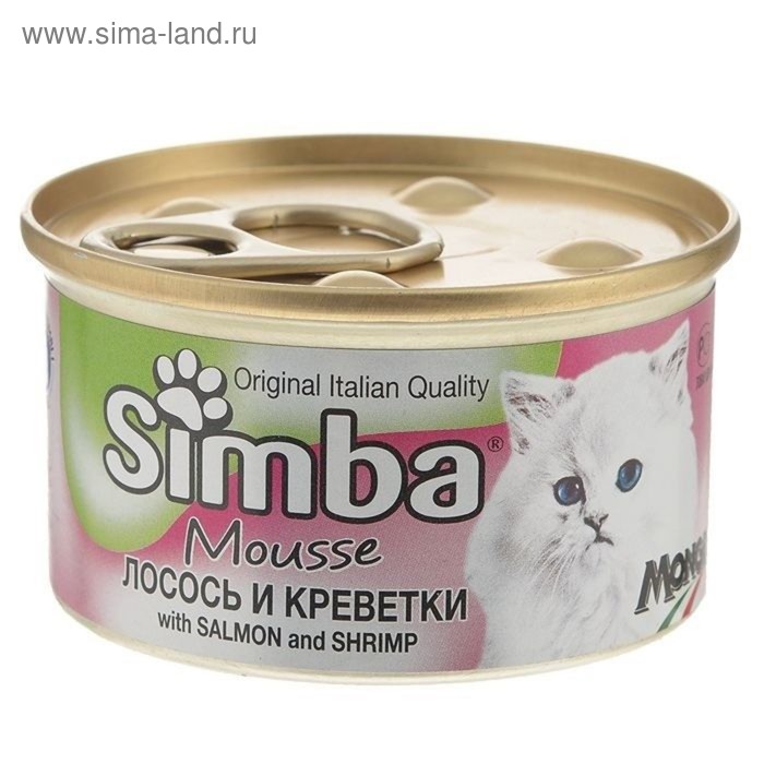 Влажный корм Simba Cat Mousse  для кошек, мусс лосось/креветки, ж/б, 85 г