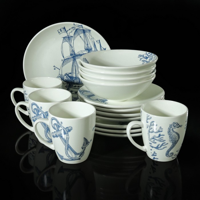 Набор посуды "Соната. Океан" 16 предметов: 4 кружки 370 мл, 4 тарелки мелких 19 см, 4 тарелки мелких 22 см, 4 салатника 500 мл