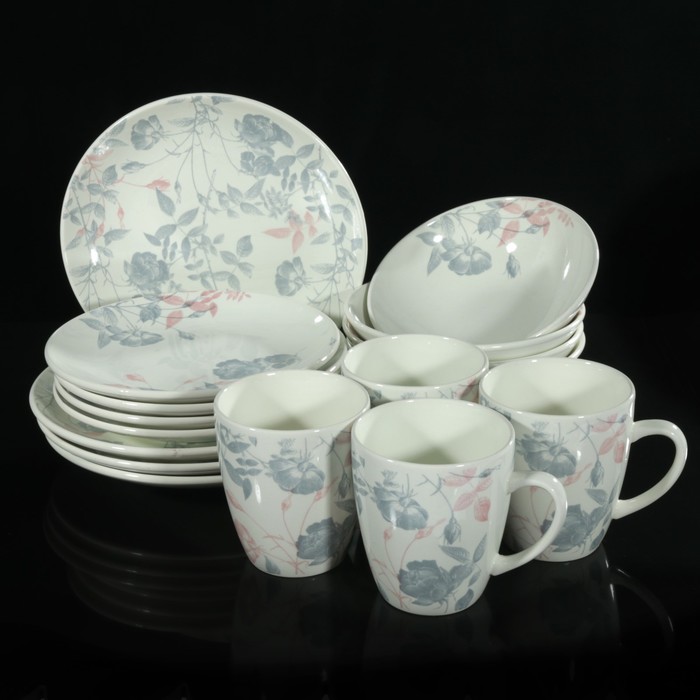 Набор посуды "Соната. Серебристые розы", 16 предметов: 4 кружки 370 мл, 4 тарелки мелких 19 см, 4 тарелки мелких 22 см, 4 салатника 500 мл