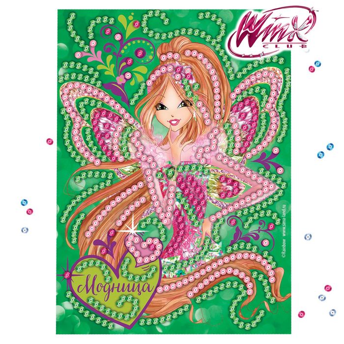 Аппликация пайетками "Модница", феи ВИНКС: Флора, с клеевым слоем + 3 цв. пайеток, бантик