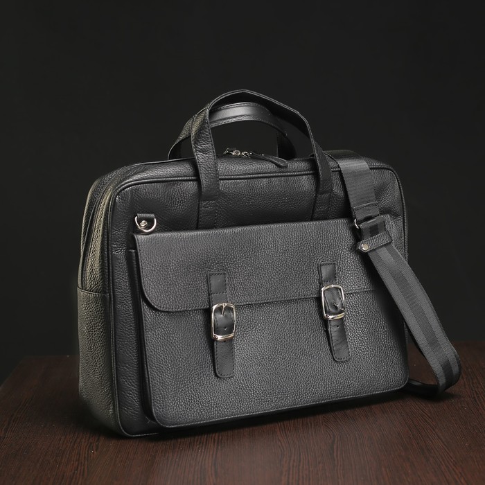 Портфель мужской на молнии, 1 отдел, 2 наружных кармана, длинный ремень, чёрный