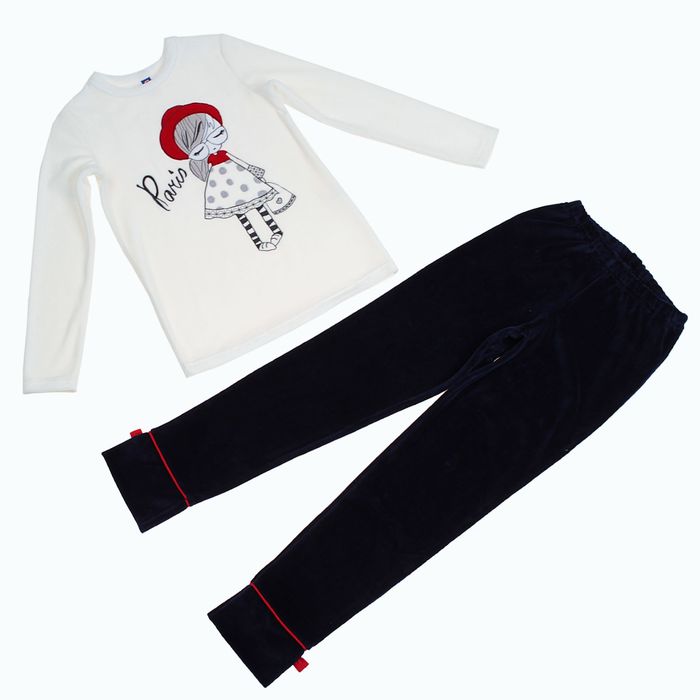 Костюм для девочки (джемпер, брюки) "Красная шапочка", рост 98-104 см (28), цвет молочный/тёмно-синий