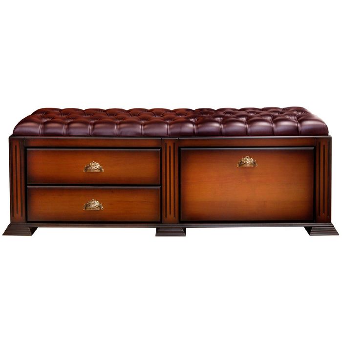 Банкетка двойная с ящиками и обувницей. / итальянский орех, кожа бордо