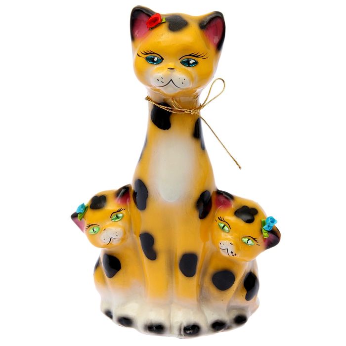 Копилка "Кошка с котятами" глянец, желтая, леопард