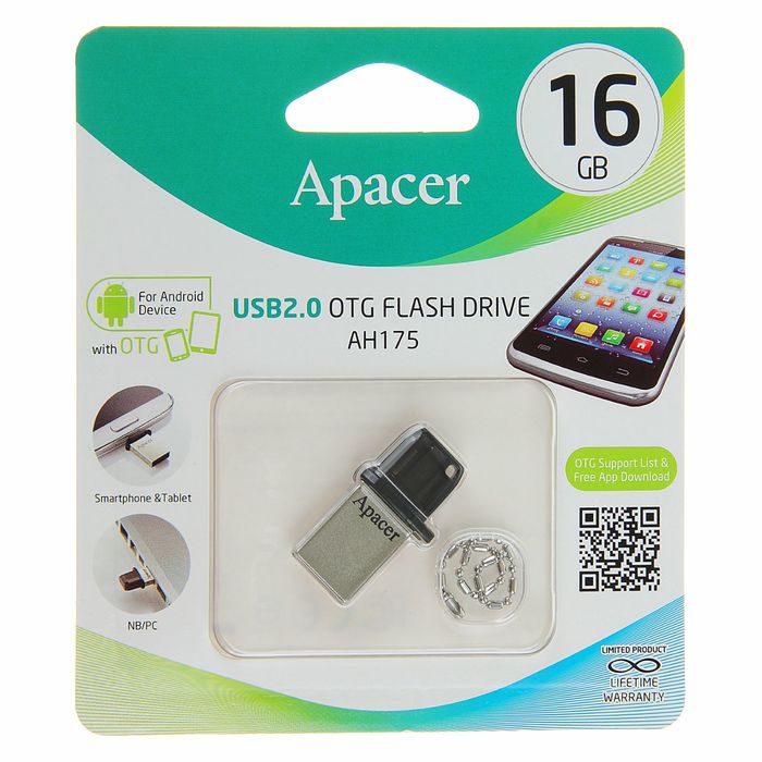 Флешка USB Apacer 16GB AH175 OTG, разъемы USB/microUSB, черная