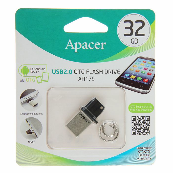 Флешка USB Apacer 32GB AH175 OTG, разъемы USB/microUSB, черная