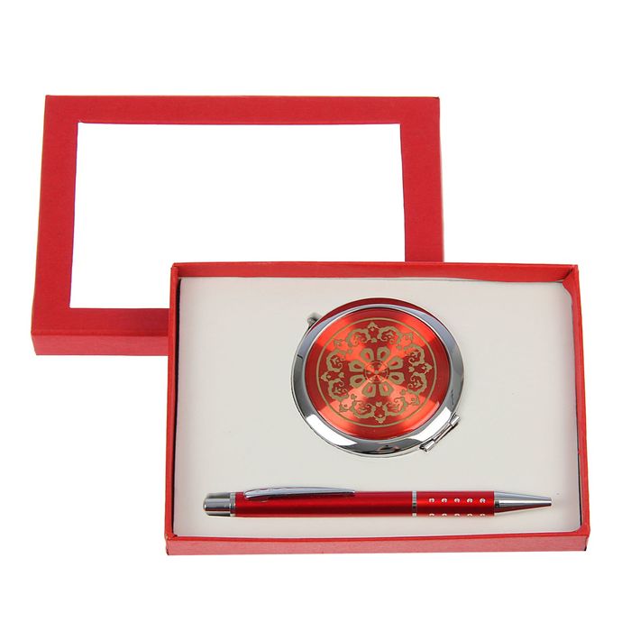 набор подарочный 2в1 в карт.коробке (зеркало с цветами микс +ручка) красный 16*9 см